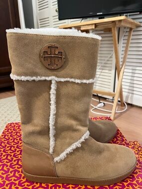 Tory Burch Chestnut Suede & Cream Shearling Mid-Calf Boots Size 9